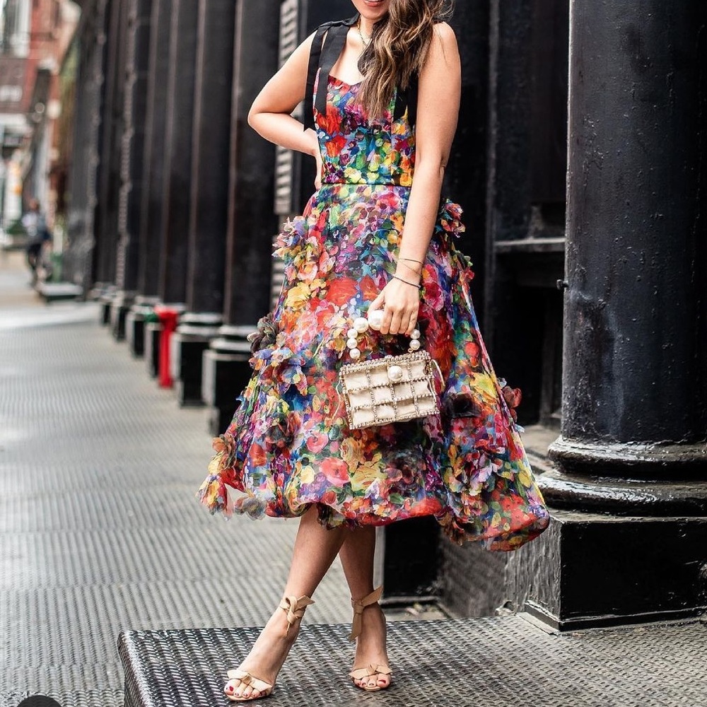 Marchesa Notte Black Floral Organza Gown Size 8